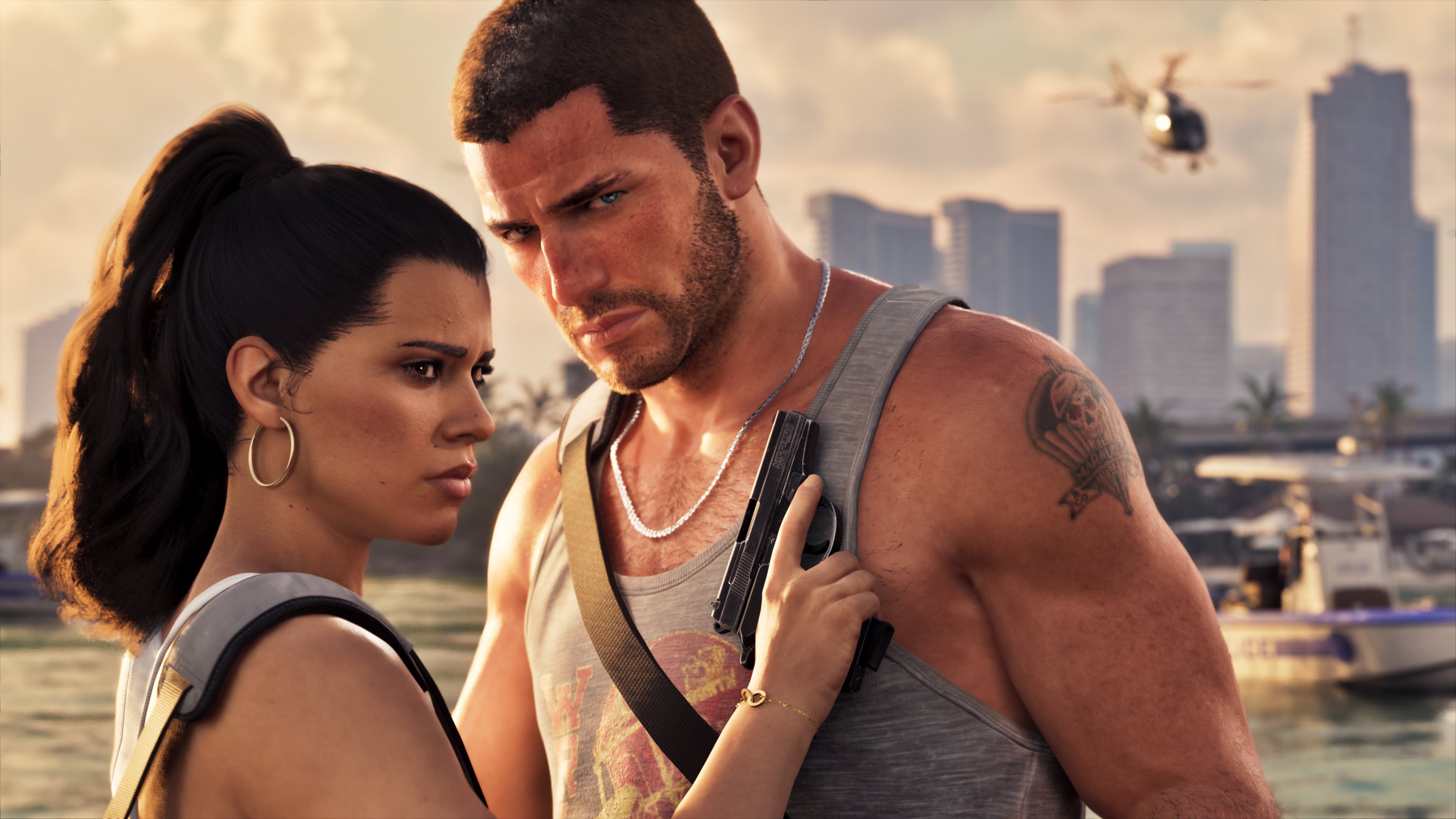 Jason e Lucia em imagem oficial de GTA VI